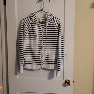 White zip up hoodie with navy stripes